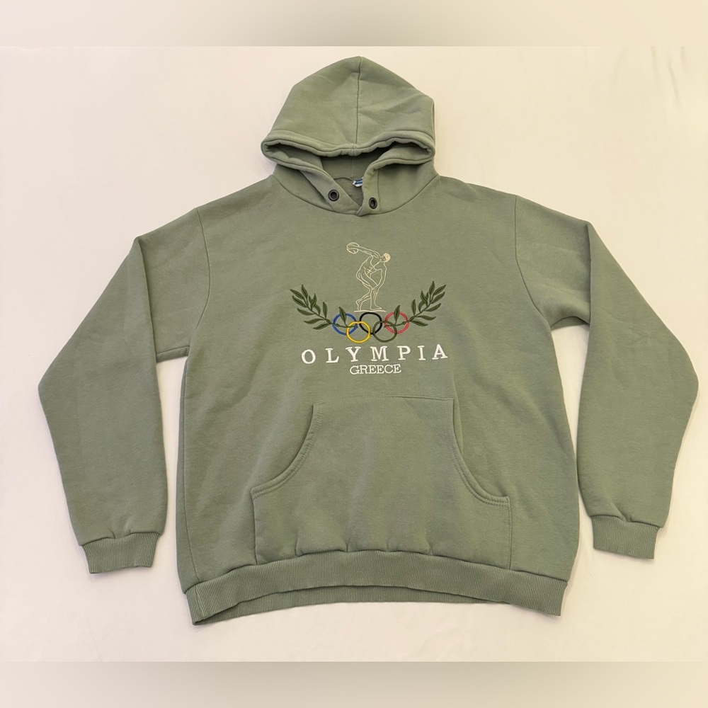 Olympia Greece Hoodie Moss Green Women Sz Large. Embroidered made in Greece